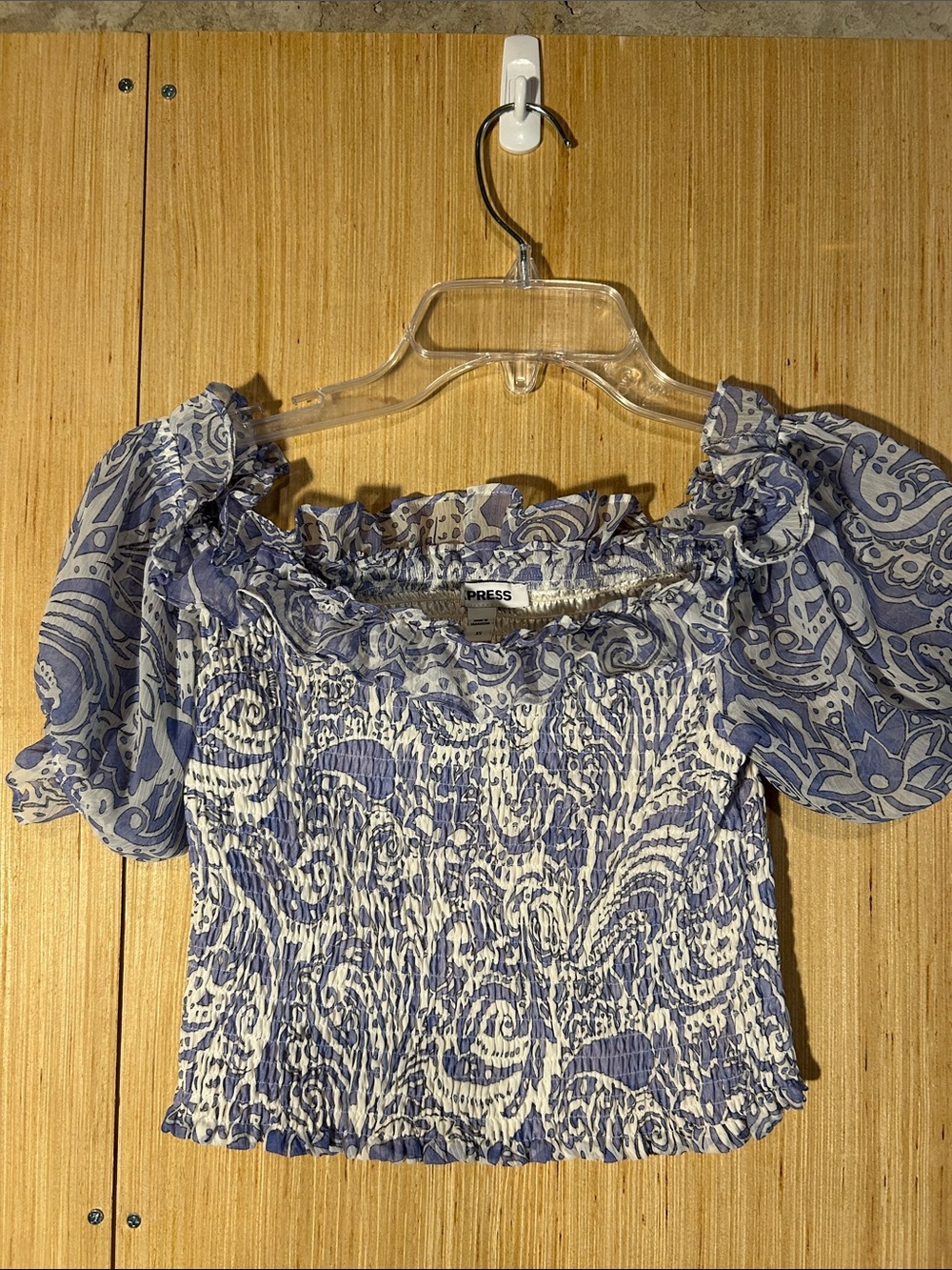 Express Blue and White Paisley Smocked Off-Shoulder Crop Top
